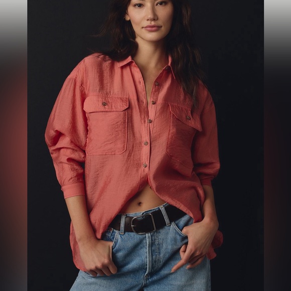 Anthropologie Sheer Rose Button Down shirt- Size Large - Picture 1 of 4